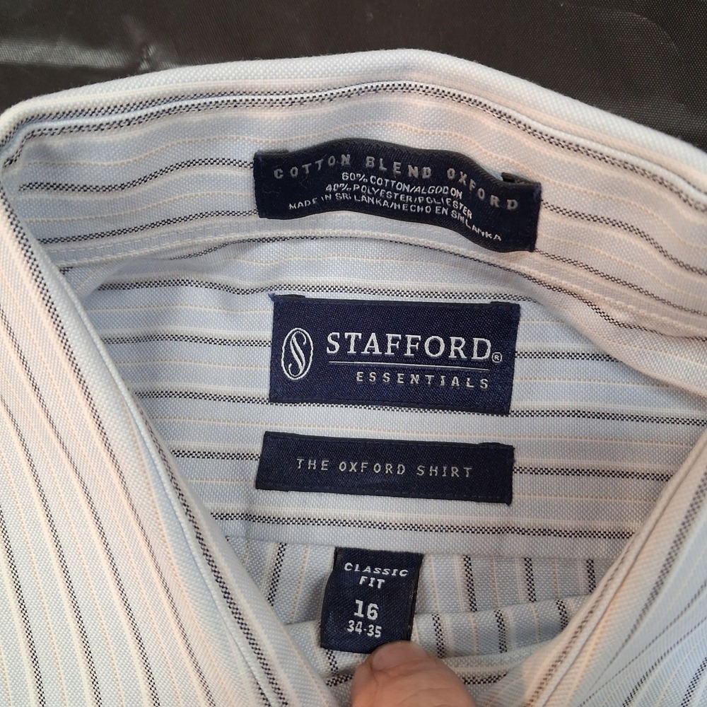 Stafford Shirt Mens 16 34-35 Oxford Classic Fit Blue White Pinstripe EUC